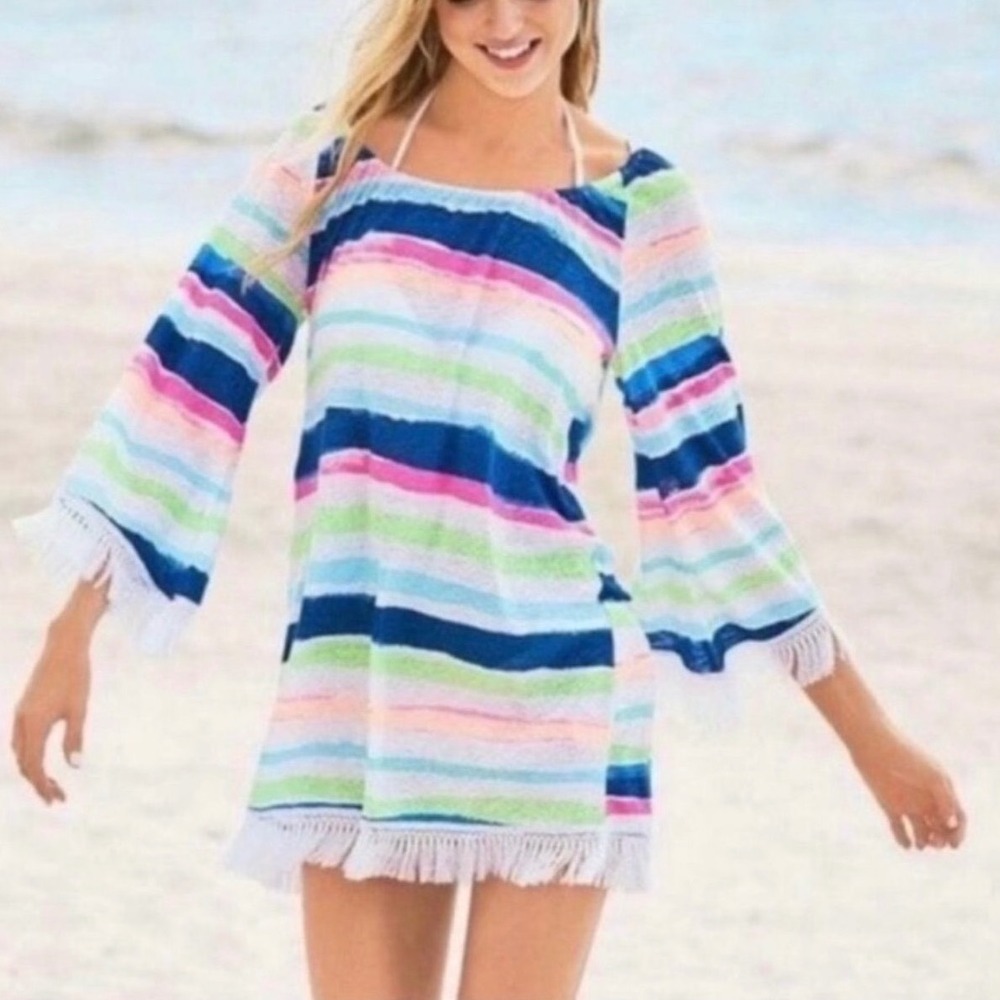 Lilly Pulitzer Multi Color Striped Fringe Linen Long Sleeve Cover Up Dress Small